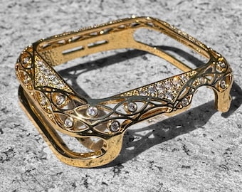 Gold Bling Elegant Filigree Diamonds Apple Watch Case Bumper Cover Metal Steel 11/10/9/8/7/6/5/SE  iWatch 40 41 42 44 46 45mm Women Gifts
