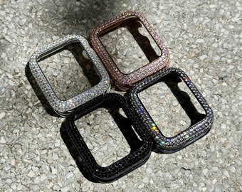 Diamanten Bling Strass Apple-Uhr-Gehäuse Metall Bumper Serie 11/10/9/8/7/6/5 / SE für iWatch 40 41 45 mm Frauen Herren Design Charms Geschenke Mom