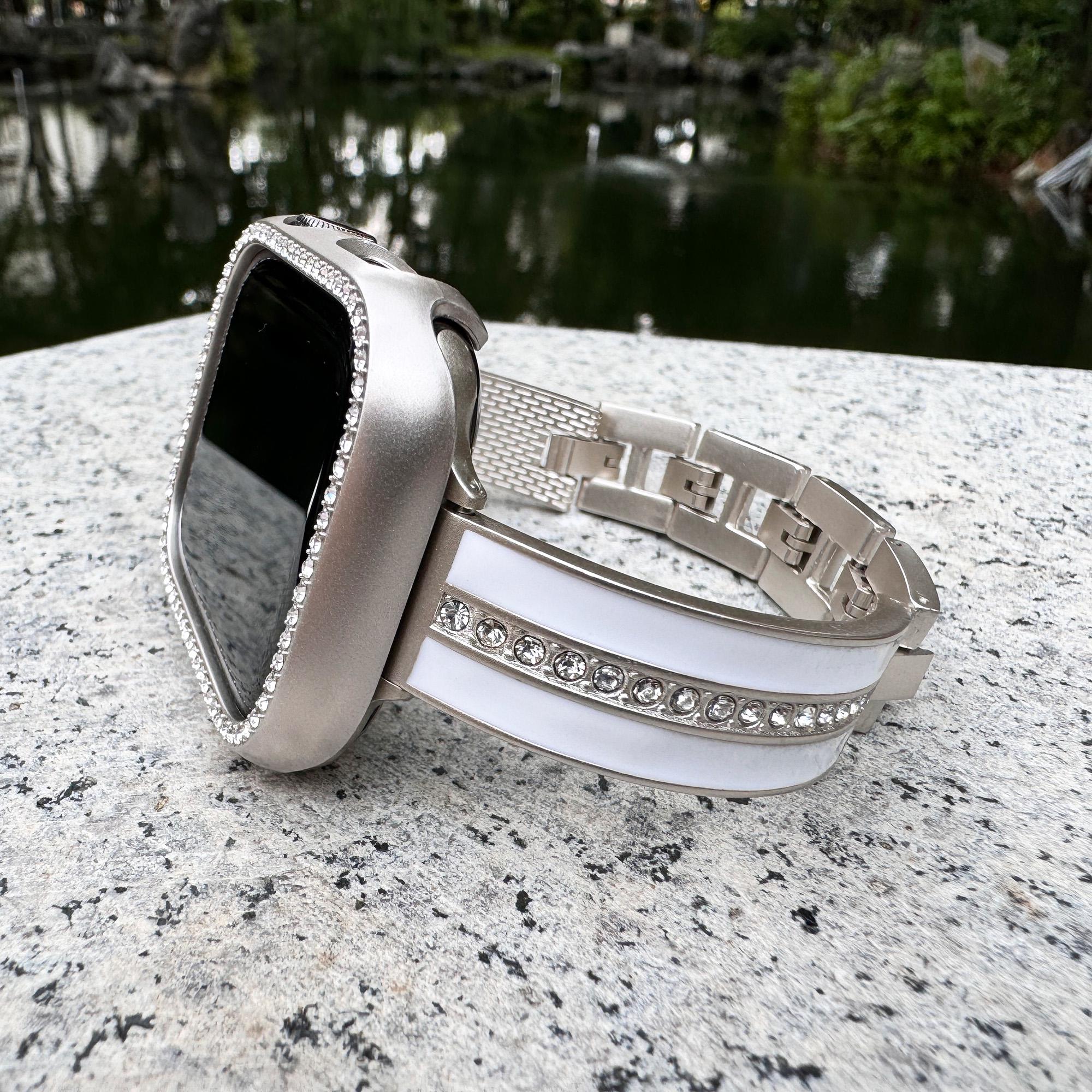 Starlight White GlamorLink Crystal Apple Watch Band Bling Diamonds Stainless Steel 10/9/8/7/6/5/SE iWatch 38 40 41 42 44 45 46 49mm Women