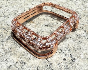 Rose Gold Bling Radiant Bloom Diamond Apple Watch Case Bumper Cover Metal Steel 11/10/9/8/7/6/5/SE  iWatch 40 41 42 44 46 45mm Women Gifts