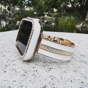 Guldvitt GlamourLink Kristall Apple Watch-armband Bling Diamanter Rostfritt stål 11/10/9/8/7/6/5/SE iWatch 40 41 42 44 46 45 mm Dam Presenter
