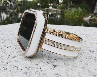 Gold White GlamorLink Crystal Apple Watch Band Bling Diamonds Stainless Steel 11/10/9/8/7/6/5/SE  iWatch 40 41 42 44 46 45mm Women Gifts
