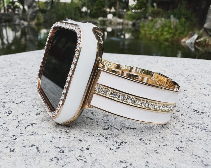 Gold White GlamorLink Crystal Apple Watch Band Bling Diamonds Stainless Steel 11/10/9/8/7/6/5/SE  iWatch 40 41 42 44 46 45mm Women Gifts