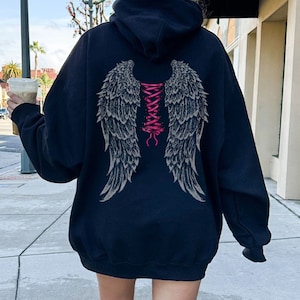Women&#39;s Corset Angel Wings Hoodie, Black Zip Up Wings Hoody, Ribbon Corset Wings Sweatshirt