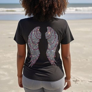 Women's O-Neck Pink Outlined Silver Rhinestones Jeweled Back Rhinestone Angel Wings T-shirt Womens Tee Top