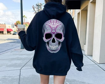 Women's Day Of Dead Pink Sugar Skull Hoodie, Cinco De Mayo Floral Skull Hoodie, Black Zip Up Gothic Punk Hoodie Hoody Sweatshirt