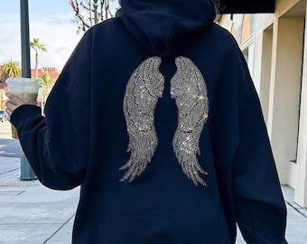 Angel Wings Rhinestones Hoodie, Silver Rhinestones Angel Wings Black Zip Up Hoodie, Rhinestones Wings Black Zipper Hoodie, Bling Sweatshirt
