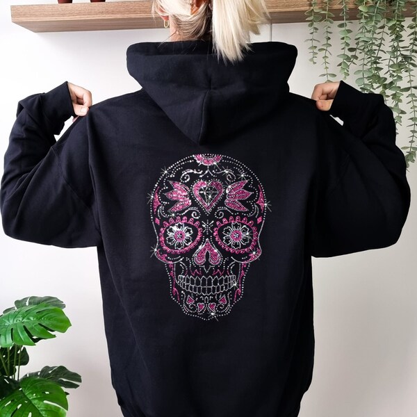 Skull Head Hoodie Women's Sweatshirt Loose Hooded Jacket Rhinestone Pattern