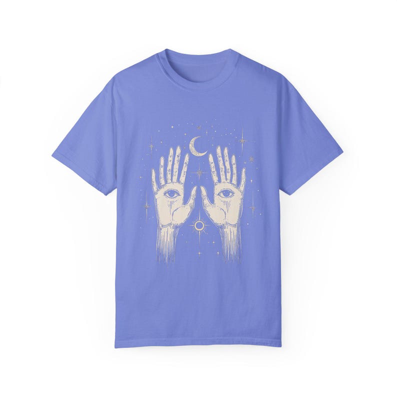 Comfort Colors Celestial Hand Eyes Moon Shirt, Mystical Hands Unisex Shirt, Boho Spiritual Tee, Astrology Shirt zdjęcie 7