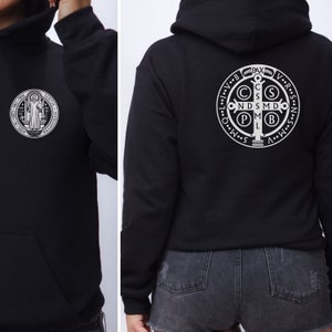 Catholic Saint Hoodie, Saint Benedict Medal Zipper Hoodie, St. Benedict Medal Hoodie, Catholic Saint Zip Up Hoodie,