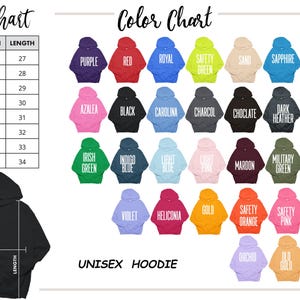 May include: A size and color chart for a unisex hoodie. The chart displays sizes S to 5XL with width and length measurements in inches. A color chart shows various hoodie colors, including purple, red, and green.