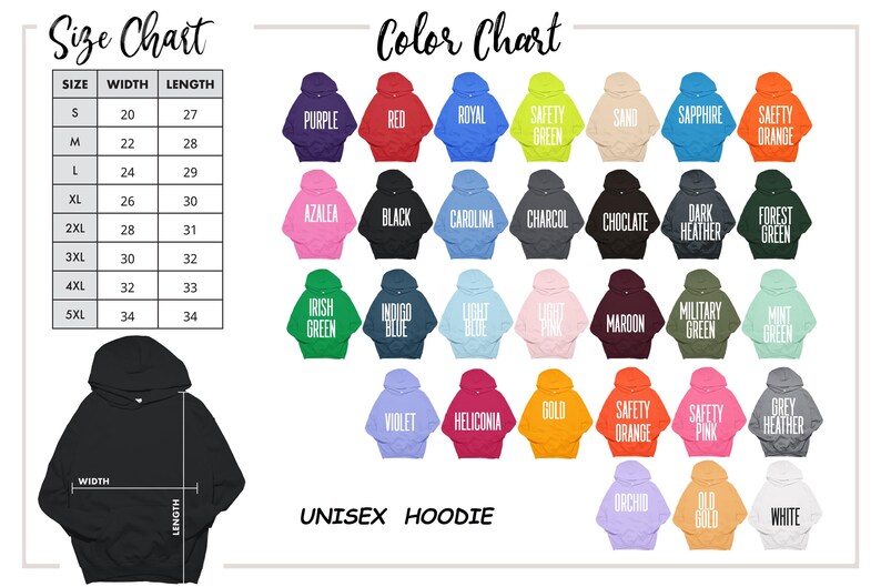 May include: A size and color chart for a unisex hoodie. The chart displays sizes S to 5XL with width and length measurements in inches. A color chart shows various hoodie colors, including purple, red, and green.
