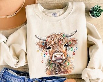 Christmas Highland Cow Sweatshirt, Cow Christmas Lights Sweatshirt, Cow Unisex Sweater, Highland Cow Sweater, Farm Christmas Gift