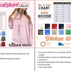 May include: Size chart for unisex sweatshirts and hoodies from Gildan. The chart shows measurements in inches for different sizes, including width, length, and sleeve length. The chart also includes information about the fabric composition and colour options.