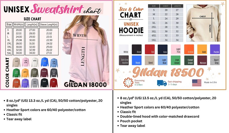 May include: Size chart for unisex sweatshirts and hoodies from Gildan. The chart shows measurements in inches for different sizes, including width, length, and sleeve length. The chart also includes information about the fabric composition and colour options.