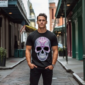 O-Neck Men&#39;s Day Of Dead Large Pink Sugar Skull Cinco De Mayo Floral Skull Gothic Punk T-shirt Tee