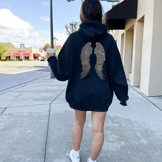 Angel Wings Rhinestones Hoodie, Silver Rhinestones Angel Wings
