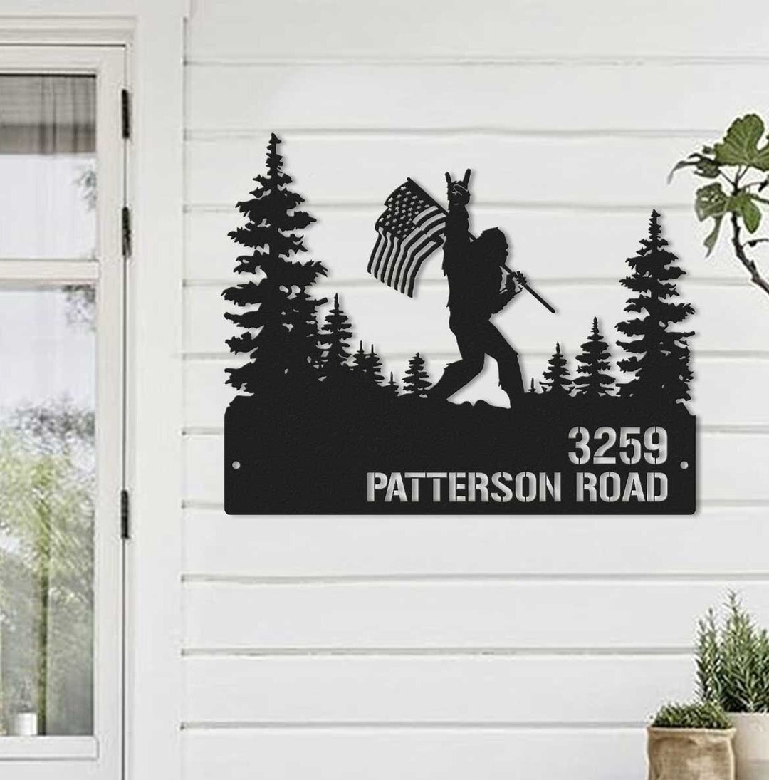 Custom Bigfoot Sasquatch With US Flag Metal Address Sign Etsy
