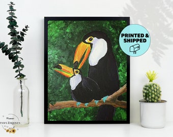 Mother's Day Rainforest Mom and Baby Toucan Bird on a Branch with Greenery | For Her, For Mom | 8.5 x 11" Wall Print | Printed & Shipped