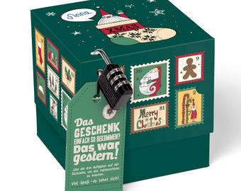 SURPRISA Weihnachts-Rätselbox im nostalgischen Briefmarken-Design – Geschenkbox für Geldgeschenke, Gutscheine und kleine Überraschungen