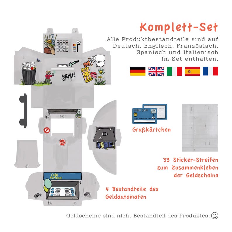 May include: A printable paper craft kit for building a model of an ATM. The kit includes 33 sticker strips for assembling the model, 4 parts for the ATM, and a greeting card. The kit is available in multiple languages, including English, German, French, Spanish, and Italian. The image shows a colourful illustration of the ATM model, with a smiling face on the side.