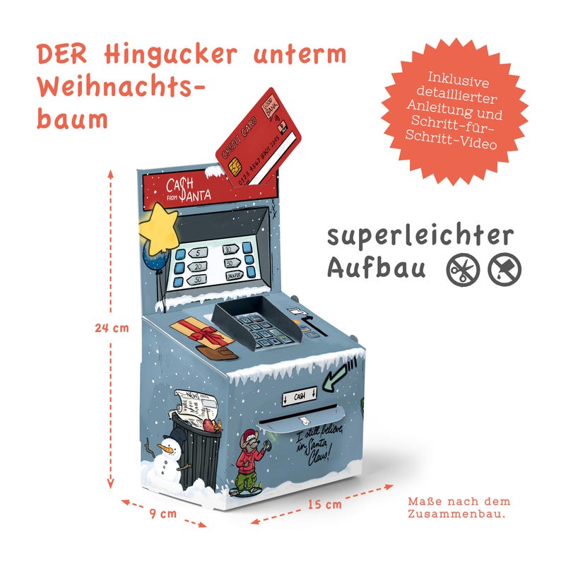 May include: A cardboard model of a Christmas ATM with a red credit card sticking out of the slot. The ATM is decorated with a snowman, a trash can, and a small elf. The ATM is 9 cm wide, 15 cm long, and 24 cm tall. The text on the ATM reads "Cash from Santa".