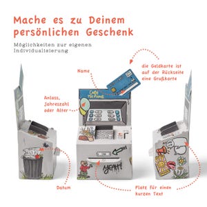 May include: A papercraft ATM model with a slot for a gift card. The card is a greeting card with a cash machine design. The model has a slot for a personalised message and a space for a date.