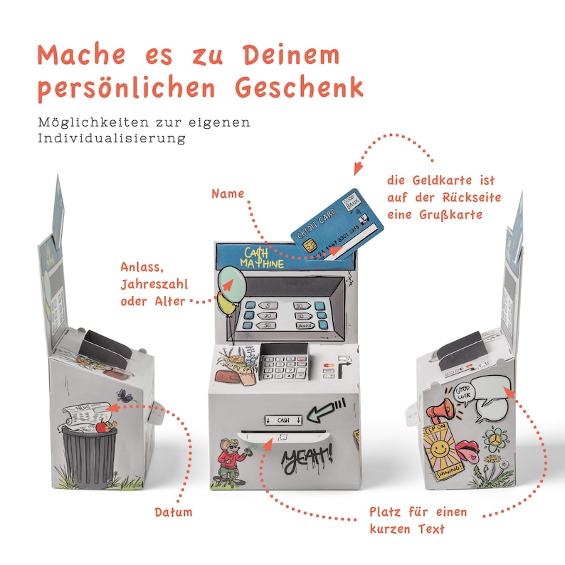 May include: A papercraft ATM model with a slot for a gift card. The card is a greeting card with a cash machine design. The model has a slot for a personalised message and a space for a date.