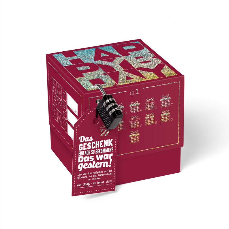 May include: A red box with a lock and a tag that says "Das Geschenk einfach so bekommen? Das war gestern!" The box has a glittery design with the words "Happy Birthday" on the top.