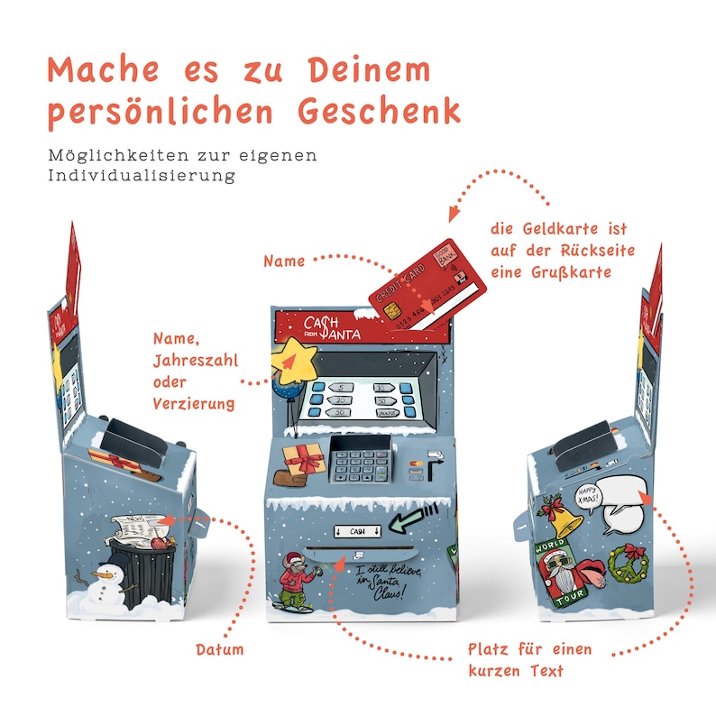 May include: A blue and white cardboard cash register with a red roof and a red gift box inside. The cash register has a slot for a gift card and a space for a personalised message. The text on the cash register says "Cash Santa".