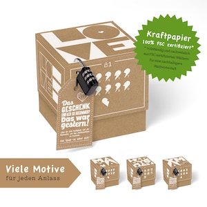 SURPRISA Rätselbox für Geschenke & Gutscheine, Kraftpapier Geschenkbox mit Motiven für jeden Anlass, Persönliches Geschenk mit Zahlenschloss