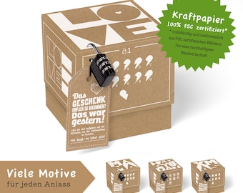 SURPRISA Rätselbox für Geschenke & Gutscheine, Kraftpapier Geschenkbox mit Motiven für jeden Anlass, Persönliches Geschenk mit Zahlenschloss