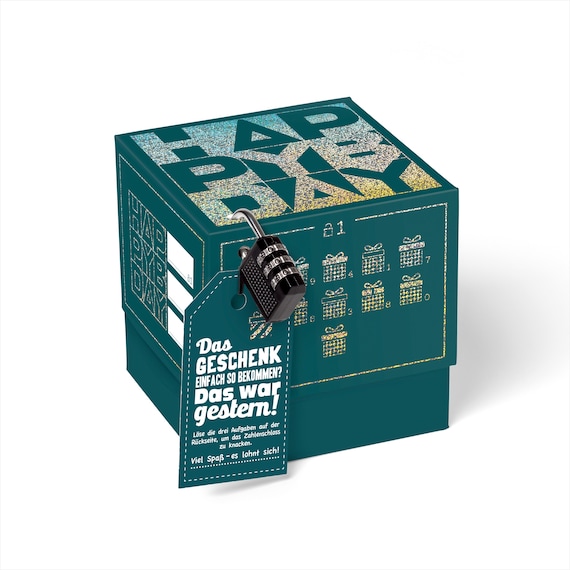 SURPRISA Rätsel-Geschenkbox Happy Birthday mit Glitzer – originelle Geburtstagsbox mit Zahlenschloss, verschiedene Farben & Größen