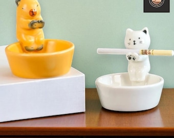 Keramische cartoon kattenasbak – schattige dierenasbak voor thuis, bureau, kawaii kattenliefhebber cadeau, creatief keramisch interieur