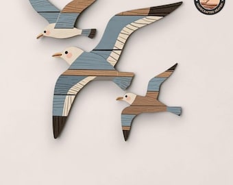 Wooden Seagull Wall Decor, Nautical Beach Wall Art, Coastal Bird Decoration, 3 Piece Set