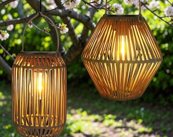 Woven Rattan Lantern, Hanging Garden Decor, Outdoor Patio Lamp, Boho Porch Decoration