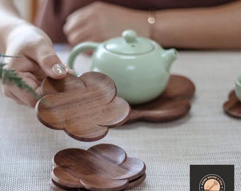 Walnut Wood Flower Coasters, Cherry Blossom Drink Mats, Housewarming Gift
