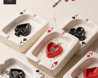Ceramic Playing Card Ashtray, Ace of Hearts Poker Decor, Trinket Dish Gift for Gambler