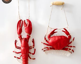 Lobster Crab Wall Decor, Mediterranean Coastal Decoration, Wooden Seafood Ornament