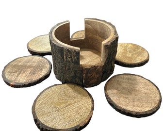 Wooden Carved Coasters Set, Handmade Coasters With Holder, Kitchen Gift For Mom | New Home Gift