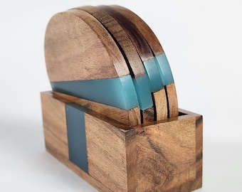 Wooden Epoxy Coaster set, Handcrafted Coasters With Holder, Resin Coaster Set | Kitchen Gift - Set of 4