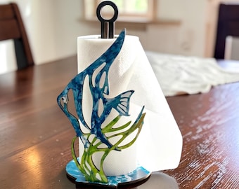Wooden Paper Towel Holder, Coastal Kitchen Counter Decor, Nautical Fish Design