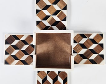 Optical Illusion Coaster Set, Wood Coasters With Holder | Kitchen Gift - Set of 4