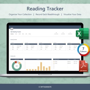 May include: Screenshot of a laptop displaying a reading tracker app. The app has a dashboard with sections for recently finished books, reading data, and books in progress. The app has a clean and modern design with a blue and white color scheme. The laptop is on a green background with a download icon, an Excel icon, and a 7-color icon.