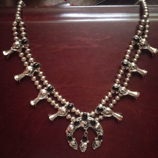 Sterling Onyx Leander Nezzie Vintage Rare Navajo Squash Blossom Necklace Earrings Set