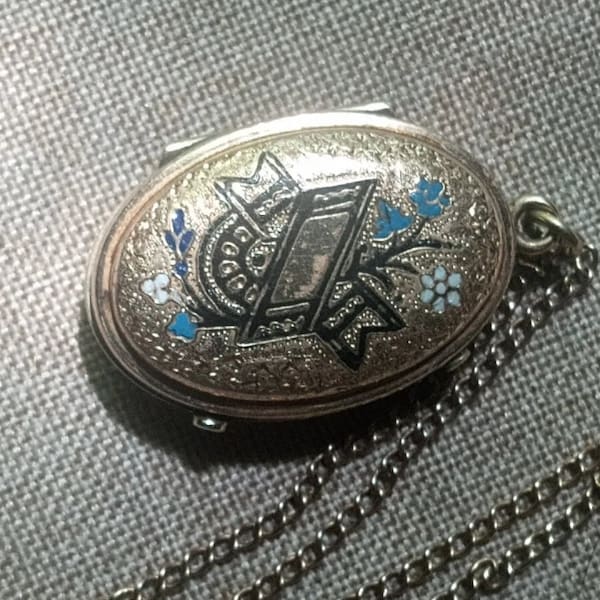 Antique 1800's 14k GF Taille D'pargne Enamel Forget Me Not  Locket Necklace