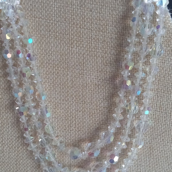 LISNER Vintage Clear Aurora Borealis Crystal Triple Strand Adjustable Necklace