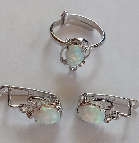 Opal Sterling Silver Adjustable Ring And Earrings 