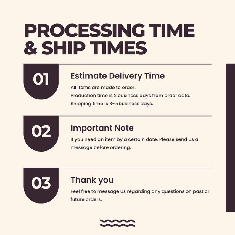 May include: An informational graphic with a cream background and dark brown text titled PROCESSING TIME & SHIP TIMES. It lists three sections: 01 Estimate Delivery Time, 02 Important Note, and 03 Thank you, with instructions for orders.