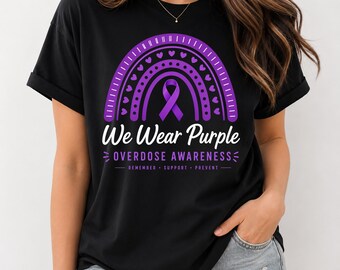 We Wear Purple Shirt, Overdose Awareness Boho Rainbow Tee, Purple Ribbon Prevent Support Black Top